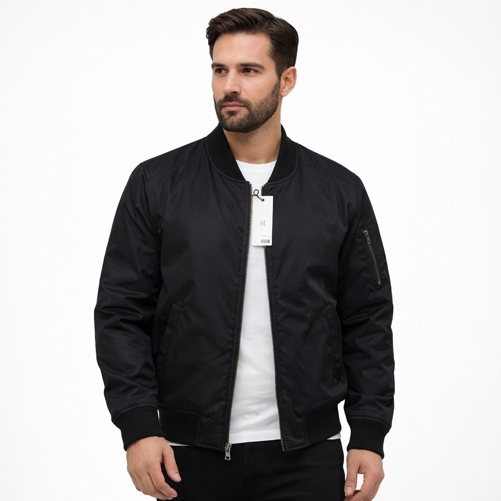 Men’s LABEL Black Bomber Jacket Size M New With Tags Nylon Flight Jacket Zip Up